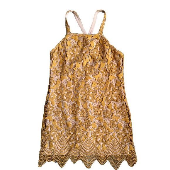 Wayf Dresses & Skirts - WAYF Dress Womens L Crochet‎ Lace Floral Sleeveless Yellow Flapper Sheer Cottage